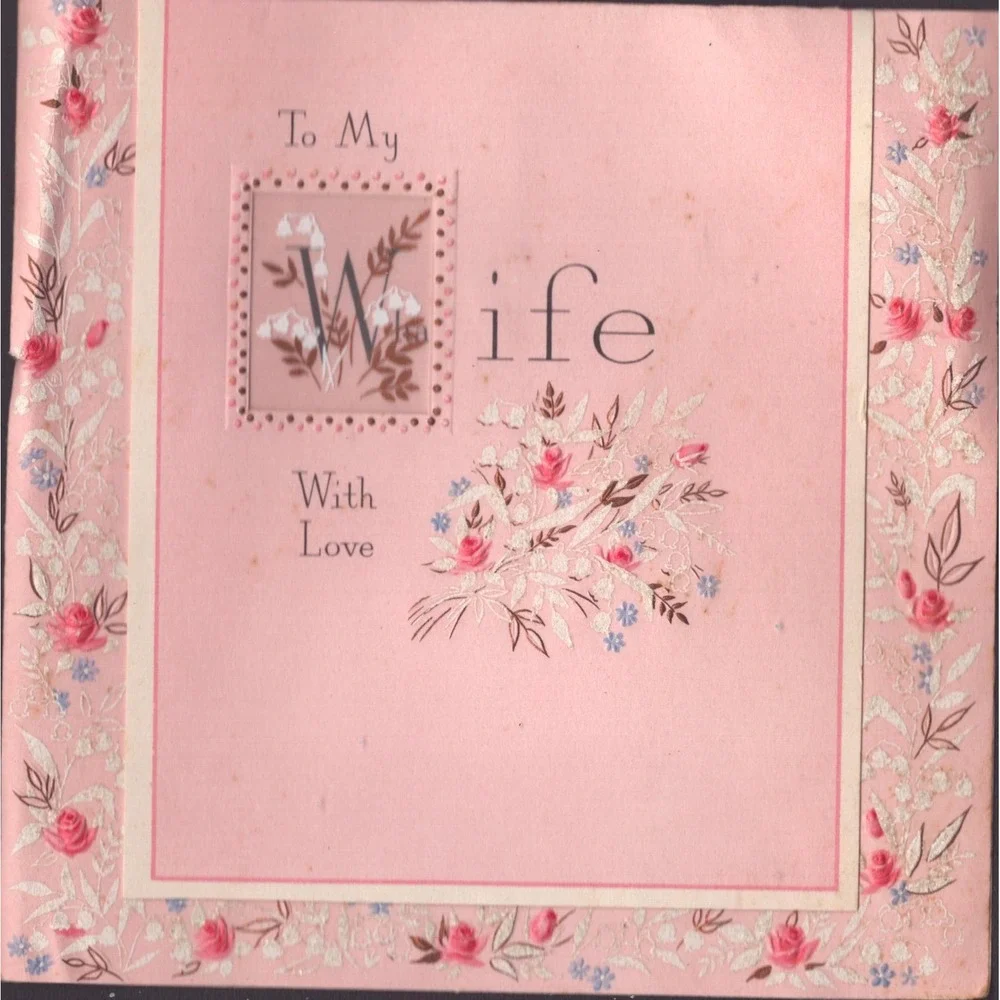 Vintage 1950s Hallmark Anniversary Card To My Wife Pink Floral Foil